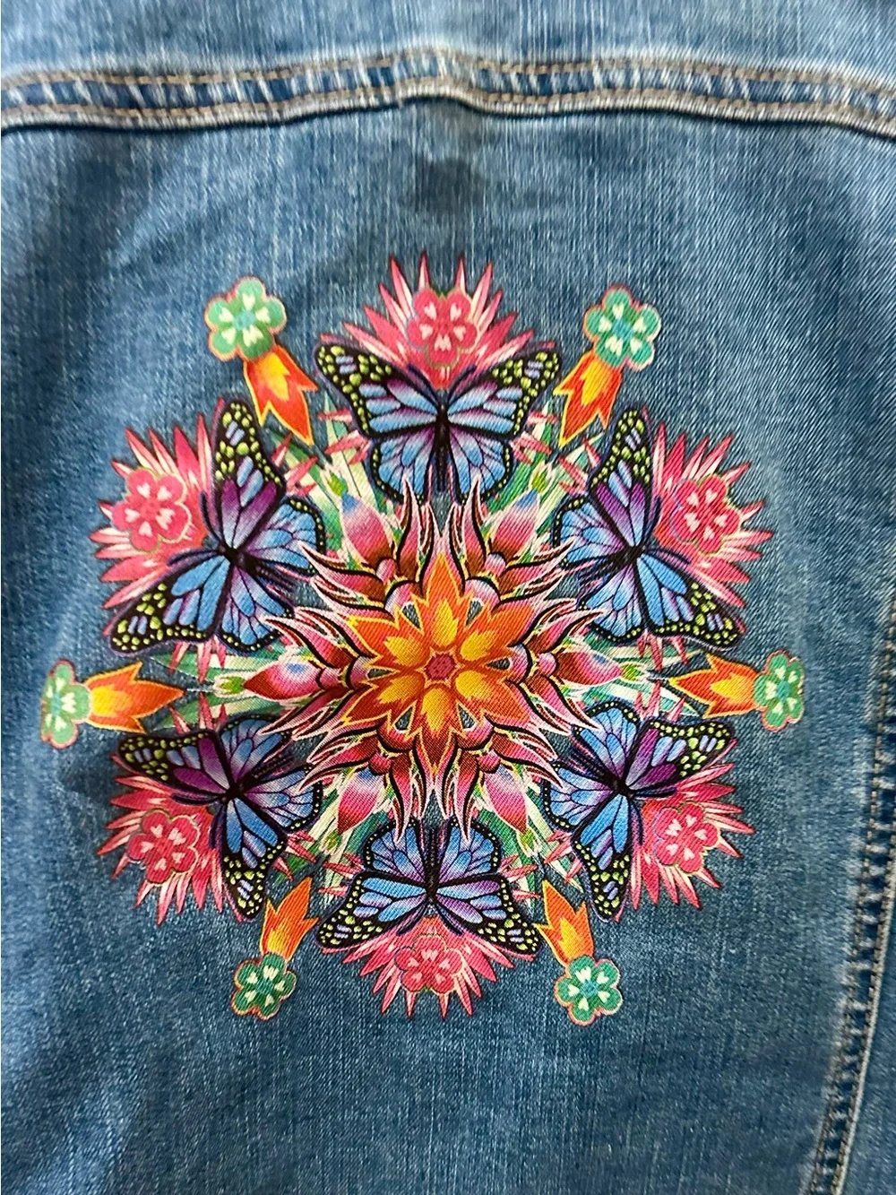 Disney Encanto blue denim snap-up jacket butterfly floral mandala design L 10/12